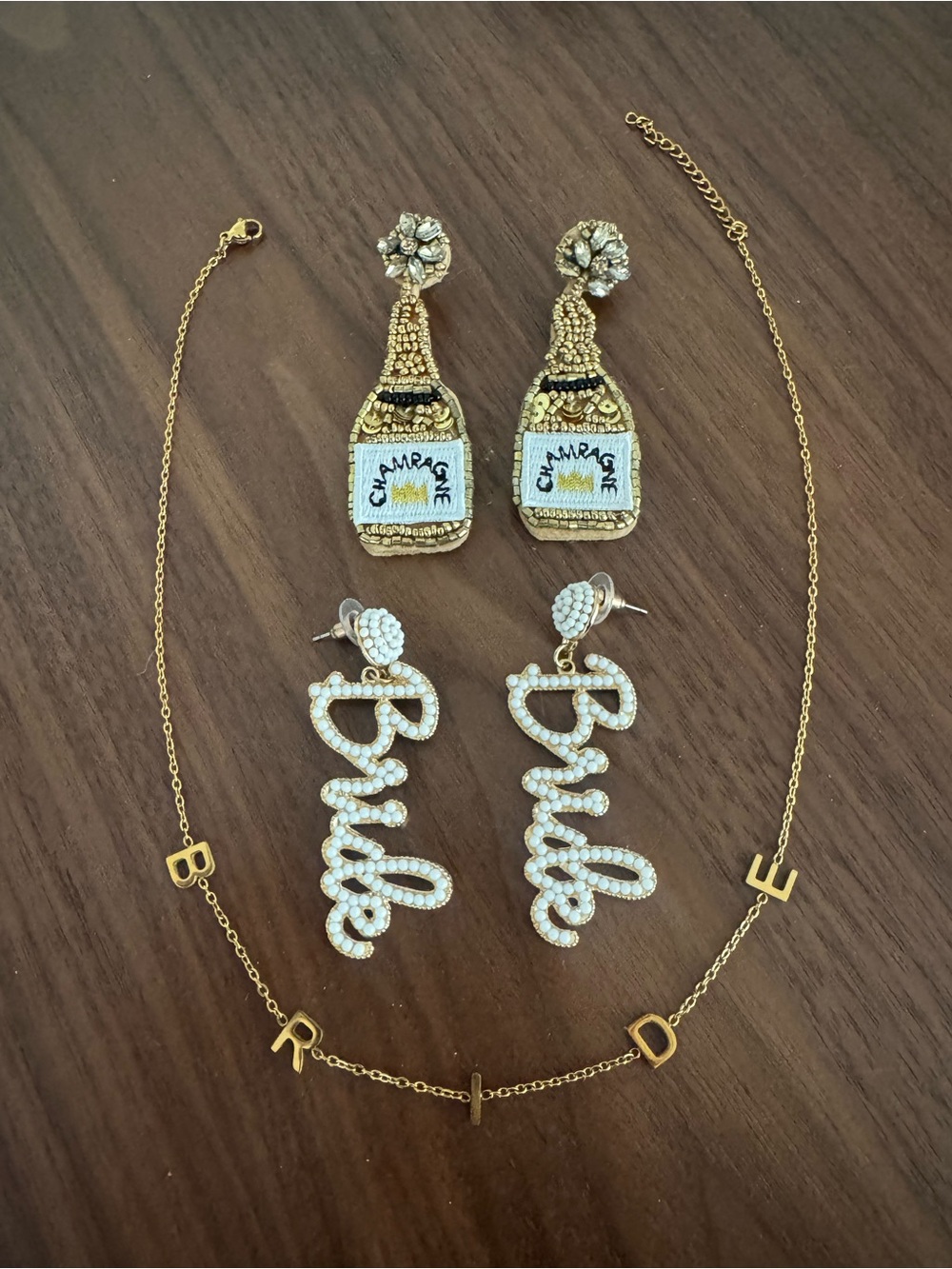 'Bride' and Champagne Bottle Drop Earrings and 'Bride' Letter Necklace Set